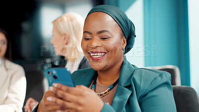 Buy stock photo Businesswoman, reading or typing with phone in meeting, review agenda or research info for board gathering. Online resources, digital programme or manager prepare for workshop, multitasking or person