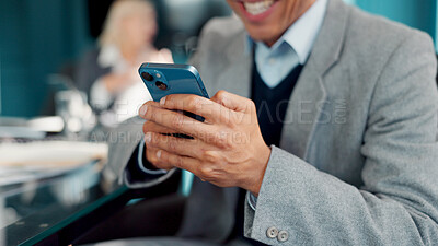 Buy stock photo Business man, hands or typing with phone in meeting, review agenda or research info for board gathering. Online resources, digital programme or manager prepare for workshop, multitask or productivity