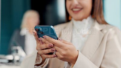 Buy stock photo Business meeting, hands and typing with phone for planning, review agenda and boardroom gathering. Online resources, digital programme and manager preparing for workshop, research info and woman