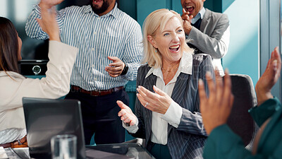 Buy stock photo Applause, meeting and success with business women in boardroom for financial bonus or milestone. Collaboration, finance and laptop with employee team clapping in corporate office for goals or target