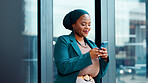 Feedback, phone and typing with business black woman in glass office for financial review or update. App, finance and text message with African employee in workplace for accounting or risk management