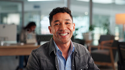 Buy stock photo Portrait, journalist and happy business man in office, confidence and about us. Professional, employee and creative reporter with smile for job opportunity, ambition and career pride for publication