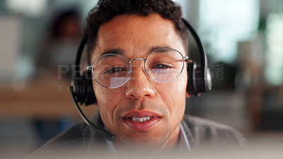 Buy stock photo Man, headset and reading with computer in call centre for customer service, online query and billing. Agent, pc and consultation for payment information, audit advice and glasses with refund request