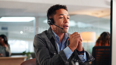 Buy stock photo Computer, call center consultant and man with technical support, faq or problem solving. IT hotline, technology and agent speaking to customer for service, software solution or feedback for help