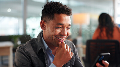 Buy stock photo Phone, laugh and businessman in office with networking, communication or social media on mobile app. Smile, technology and male person with cellphone for contact, email or texting in workplace.