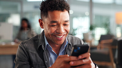 Buy stock photo Phone, smile and businessman in office with networking, communication or social media on mobile app. Happy, technology and male person with cellphone for contact, email or texting in workplace.