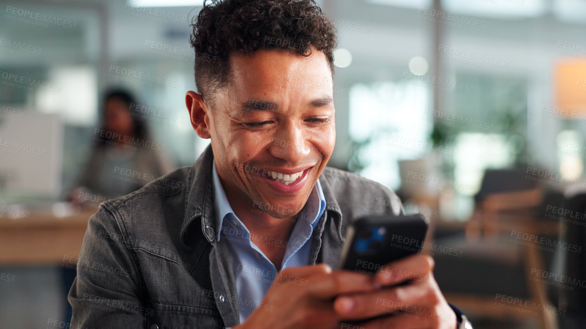 Buy stock photo Phone, smile and businessman in office with networking, communication or social media on mobile app. Happy, technology and male person with cellphone for contact, email or texting in workplace.