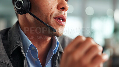 Buy stock photo Man, mouth and talking with headset in call centre for customer service, online query and billing. Agent, mic and consultation for payment plan, helping client and problem solving for refund request