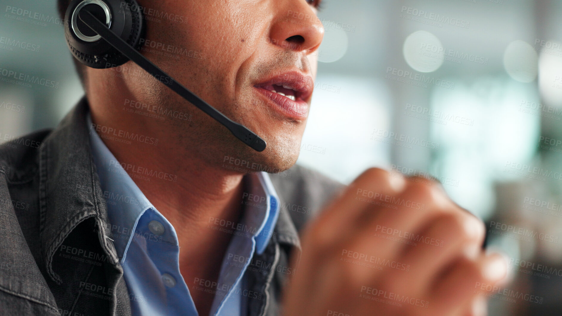 Buy stock photo Man, mouth and talking with headset in call centre for customer service, online query and billing. Agent, mic and consultation for payment plan, helping client and problem solving for refund request
