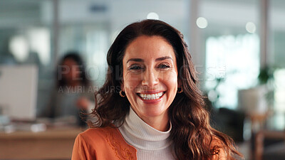 Buy stock photo Portrait, smile and mature business woman in office, confident journalist and about us. Professional, employee and creative editor in chief with experience, career pride and coworking in startup