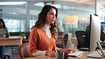 Business woman, consultant and checking report with computer for company record in call center. Female person, agent or email with technology for communication, network or customer service in office
