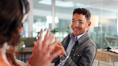 Buy stock photo Conversation, relax and people in office with smile, talking and friendship during work break. Happy, collaboration and employee in agency with discussion, communication and team chat in rest.