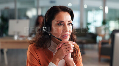 Buy stock photo Woman, headset and reading with computer in call centre for customer service, online query and billing. Agent, pc and consulting for payment plan, client information and call script of refund request