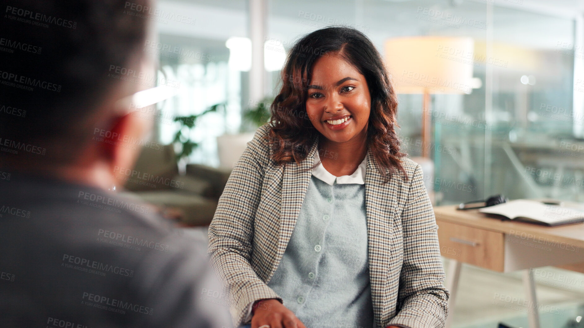 Buy stock photo Happy woman, meeting and interview with intern for recruiting or job opportunity in office. Female person, employer or discussion with candidate for company growth, talent or hiring in workplace