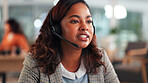 Call center, business woman and consultant in office for telemarketing, sales or feedback. Telesales, agent and person with headset for outbound communication, lead generation and talk to customer