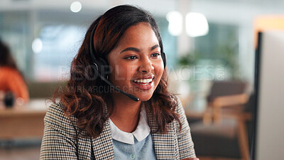 Buy stock photo Call center, woman and happy consultant with computer for telemarketing, sales or feedback. Technology, agent and person with headset for outbound communication, lead generation and talk to customer