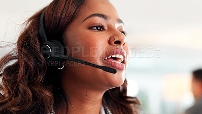 Buy stock photo Call center agent, talking and woman with telemarketing feedback, sales or business offer. African person, consultant and headset for outbound communication, lead generation and telesales in office