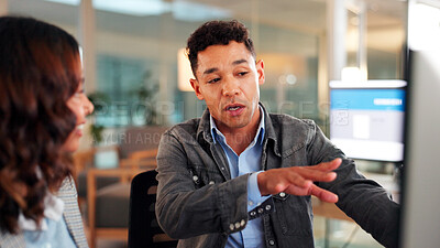 Buy stock photo Businessman, night and coaching with intern for junior web development or software update in office. Man, employee or discussion with candidate on computer for tasks, system process or internship
