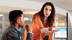Angry, manager or employee in office with computer for journalism ethics fail, bad review or mistake. People, frustrated boss or talk with pc for plagiarism report, fake news issue or reputation risk