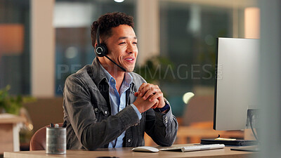 Buy stock photo Smile, man and headset with computer in call centre for customer service, online query and billing. Agent, pc and consultation for payment plan, client information and review script of refund request