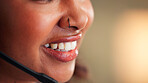 Mouth, consultation and agent with mic, call center and happy for discussion with contact and sales. Telemarketing, consultant and person with headset for communication, mockup space and services