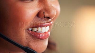 Buy stock photo Mouth, consultation and agent with mic, call center and happy for discussion with contact and sales. Telemarketing, consultant and person with headset for communication, mockup space and services