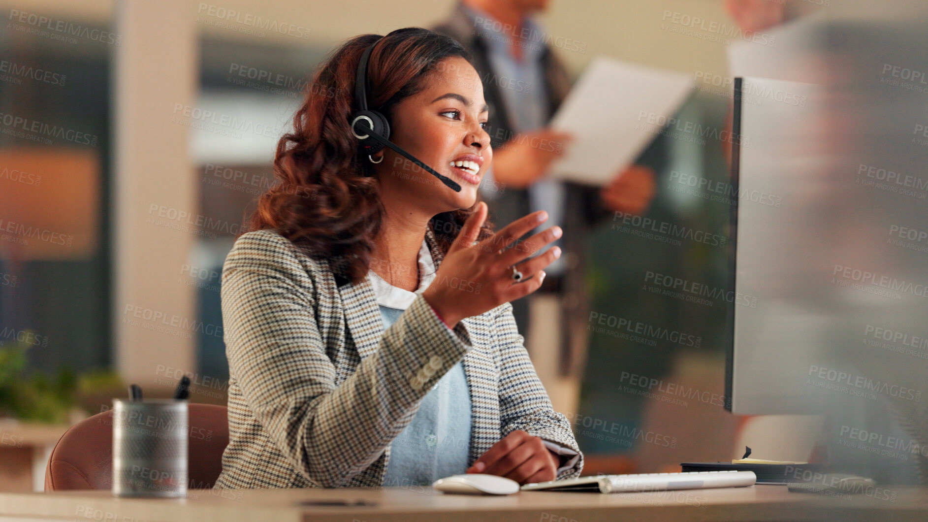 Buy stock photo Smile, woman and headset with computer in call centre for customer service, online query and billing. Agent, pc and consultation for payment solution, client information and script for refund request