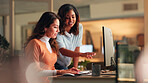 Computer, feedback and businesswomen in office at night with creative project in collaboration. Review, tech and  female manager with magazine editors for advice on article for publishing deadline.