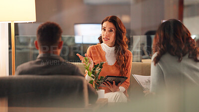 Buy stock photo Business woman, discussion and meeting with tablet in office, project management or performance review. Conversation, manager with feedback or evaluation for team online task planning in workplace