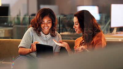 Buy stock photo Business women, discussion and meeting with tablet in office, project management or pitch agenda. Conversation, female colleagues and tech with schedule or team online task planning in workplace