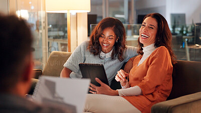 Buy stock photo Business women, laughing and meeting with tablet in office, project management or pitch agenda document. Talk, colleagues and tech with schedule or funny team for online task planning in workplace