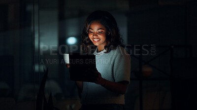 Buy stock photo Tablet, smile and planning with black woman in office for magazine editor, article review and night. Overtime, journalist report and submission deadline with business person in media agency for story