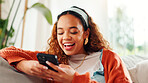 Woman, laughing and texting with smartphone, home and communication with contact on social media app. Typing, message and person with mobile for funny chat, relax and browsing on website or break