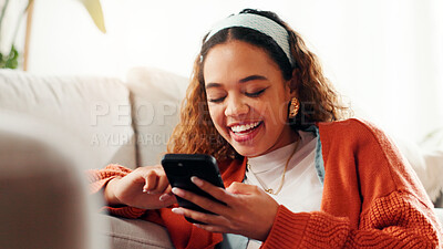 Buy stock photo Relax, girl and laughing with phone on sofa for funny chat, social media meme and weekend break. Happy, woman and browsing smartphone in home for streaming service, comic online video or subscription