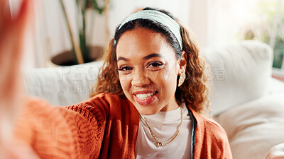 Buy stock photo Woman, influencer and portrait with smile for selfie, photography or profile picture in home. POV, person or vlogger with house tour, streaming or social media for content creation in living room