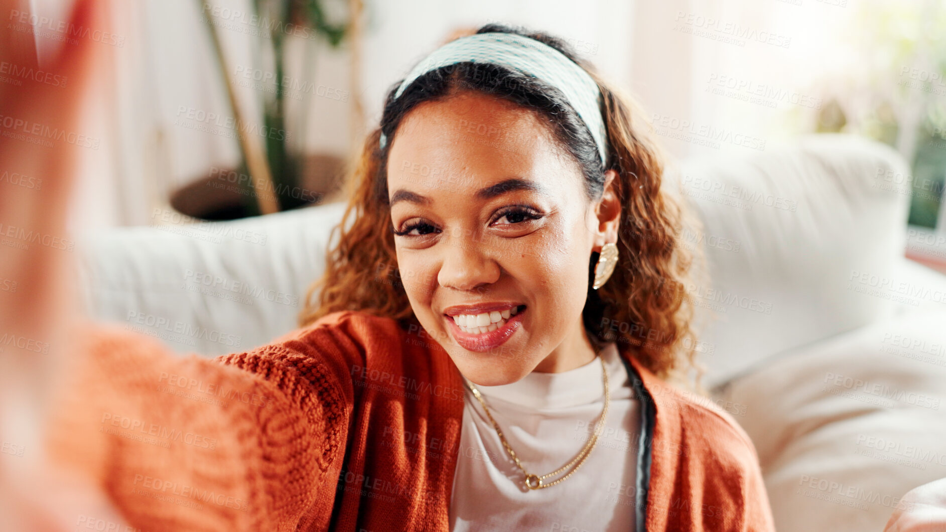 Buy stock photo Woman, influencer and portrait with smile for selfie, photography or profile picture in home. POV, person or vlogger with house tour, streaming or social media for content creation in living room