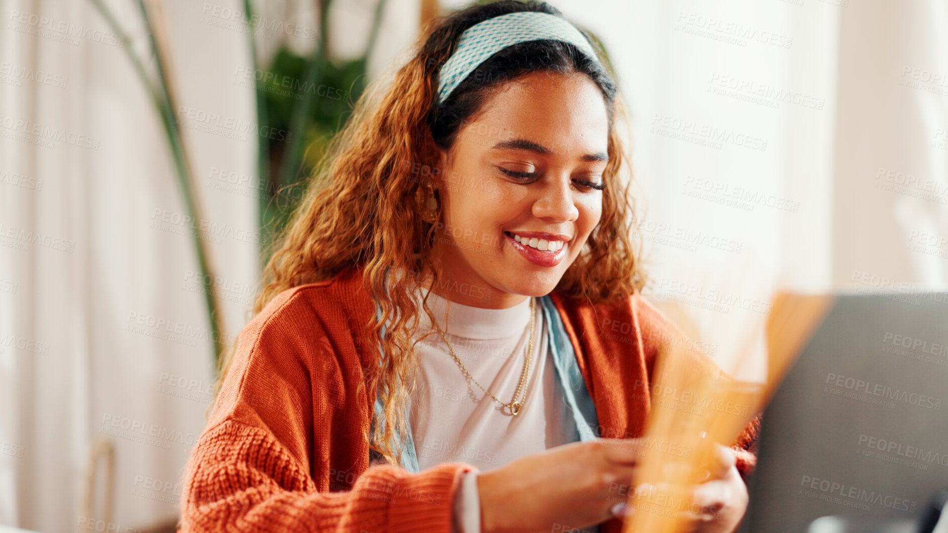 Buy stock photo Smile, woman and student with phone at house for research, study schedule and exam results. Female person, mobile app and contact college for enrollment, university report and scholarship application