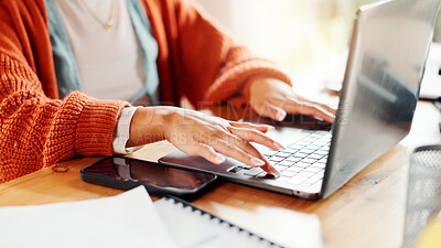 Buy stock photo Typing, hands or woman in home office with laptop, online communication or project in remote work. Digital, WFH or freelancer in house with tech, research or schedule update in task management.