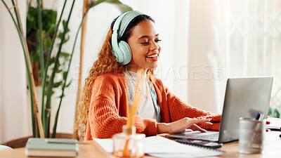 Buy stock photo Headphones, laptop and happy woman in home for elearning, virtual class or knowledge with music. Computer, audio and student in house for online education, lesson and video for university course