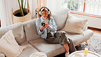 Relax, woman or phone with headphones in home for music search, streaming podcast or weekend break. Above, person and smartphone on sofa for listening to radio, sound playlist and social media video