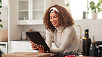 Cooking, smile and tablet with woman in kitchen of home to search for gourmet recipe instructions. App, meal inspiration and planning with happy chef at counter in apartment for food research
