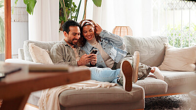 Buy stock photo Couple, relax or scroll on couch with phone for social media, online communication or connection. Happy, married people rest and tech in home for browsing internet, bonding together and conversation.
