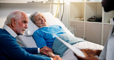 Buy stock photo Doctor, husband and old woman with smile in hospital bed for recovery, positive update and results. Partner, elderly patient and happy with professional in clinic for good news and medical feedback