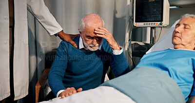 Buy stock photo Comfort, old people and doctor with bad news in hospital bed for loss, console or passing of partner. Grief, medical worker or sympathy to senior husband in clinic for condolences or deceased patient