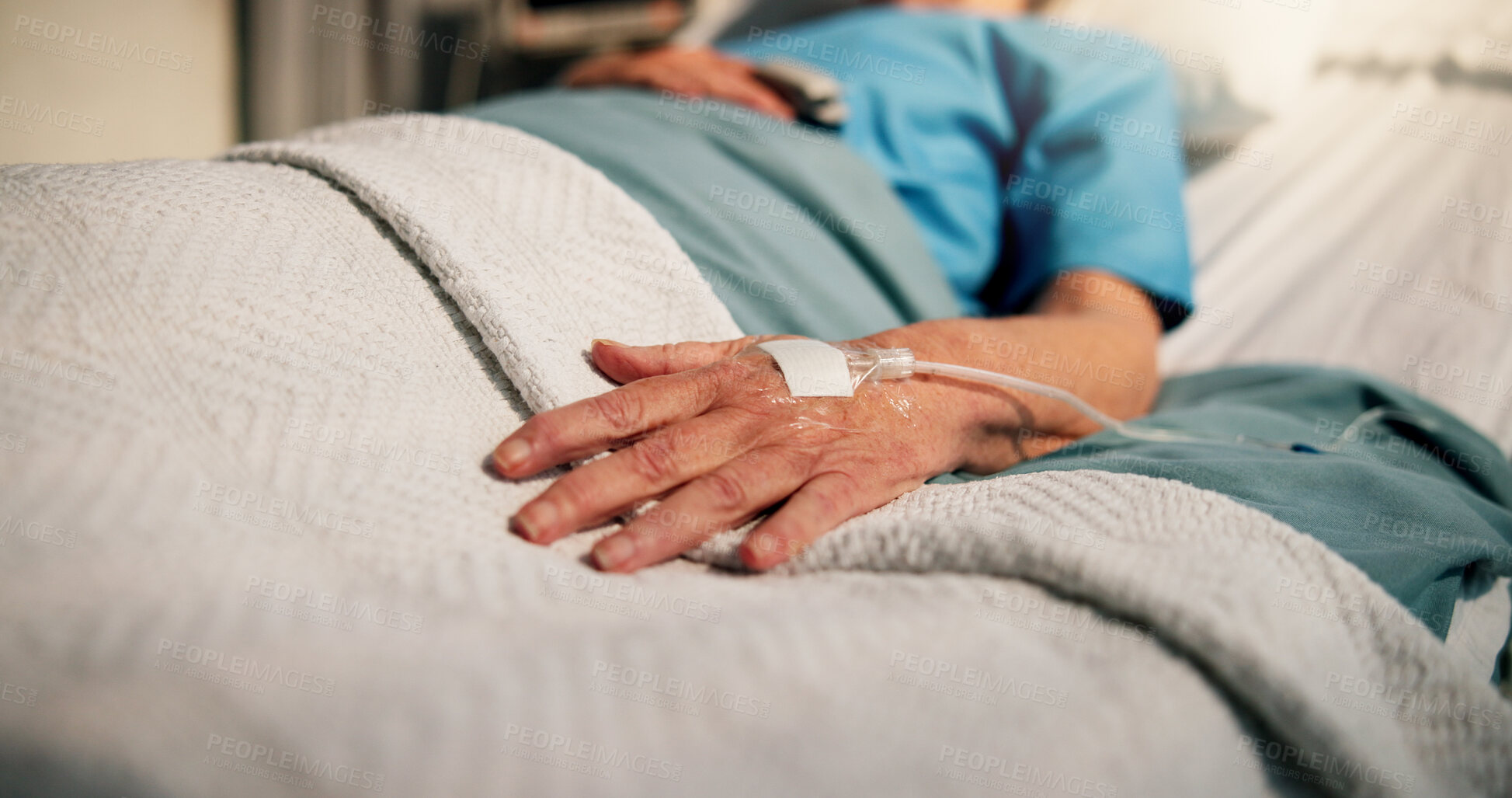 Buy stock photo Hands, senior person and iv drip in hospital bed for nutrition, liquid medicine and surgery recovery. Closeup, elderly patient and fluid for medical treatment, healthcare and healing from operation