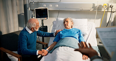Buy stock photo Doctor, husband or comfort old woman in hospital bed for bad news, cancer diagnosis or results. Medical worker, senior man or support sick wife in clinic for terminal illness, health update or stress