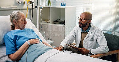 Buy stock photo Doctor, holding hands and senior woman in hospital bed for recovery, news or medical feedback. Elderly patient, professional and clipboard with discussion for progress, test results or health support