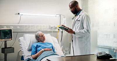 Buy stock photo Doctor, old woman and discussion with tablet in hospital bed for recovery, health update and results. Healthcare, senior patient and professional with medical app in clinic for diagnosis and progress