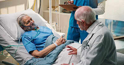 Buy stock photo Doctor, conversation and senior woman in hospital bed for recovery, news or medical feedback. Elderly patient, healthcare and clipboard with discussion for progress, test results or health support