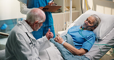Buy stock photo Doctor, thumbs up and senior woman in hospital bed for recovery, good news or medical feedback. Elderly patient, nurse and clipboard with conversation for progress, test results or health support